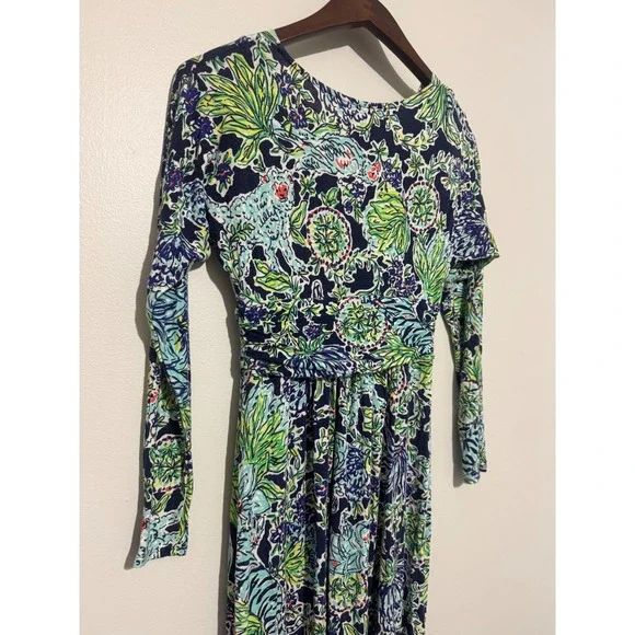 Lilly Pulitzer Riana Maxi Dress Blue Green Tropical Floral V-Neck Long Sleeve XS - Picture 6 of 10